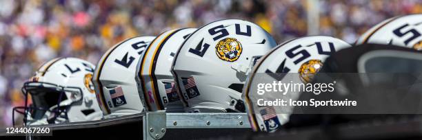 Football helmet rests on the sideline during a game between the LSU Tigers and the Tennessee Volunteers at Tiger Stadium in Baton Rouge, Louisiana on...