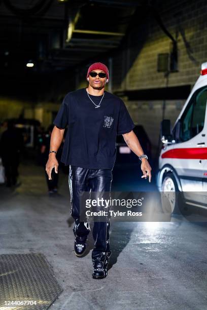 Russell Westbrook of the Los Angeles Lakers arrives to the arena before the game against the Golden State Warriors on October 18, 2022 at Chase...