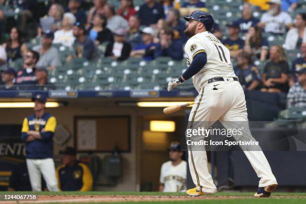 Milwaukee Brewers first baseman Rowdy Tellez watches his ball leave the ballpark during a game between the Milwaukee Brewers and the Arizona...