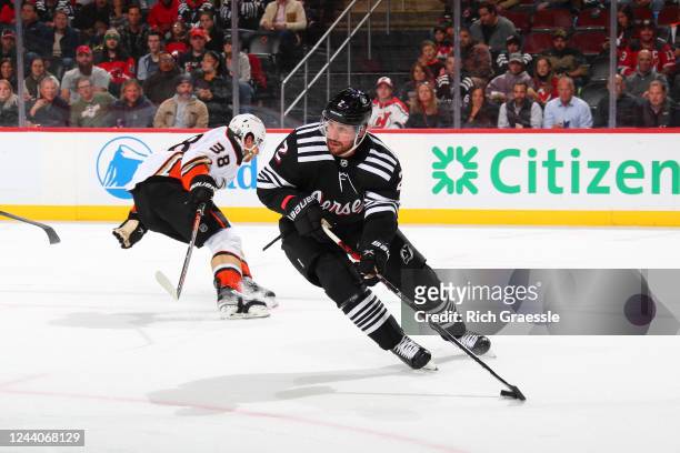 New Jersey Devils defenseman Brendan Smith skates in the second period in the game against the Anaheim Ducks on October 18, 2022 at the Prudential...