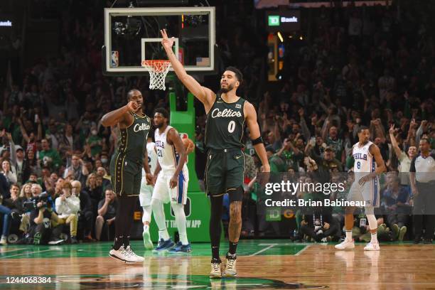 Jayson Tatum of the Boston Celtics celebrates a three point basket during the game against the Philadelphia 76ers on October 18, 2022 at the TD...