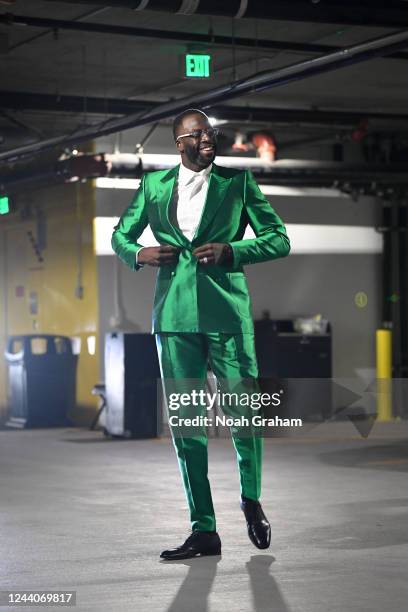 Draymond Green of the Golden State Warriors arrives to the arena before the game against the Los Angeles Lakers on October 18, 2022 at Chase Center...