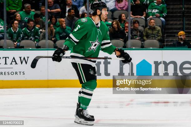 Dallas Stars defenseman Colin Miller skates and waits for play to begin during the game between the Dallas Stars and the Winnipeg Jets on October 17,...