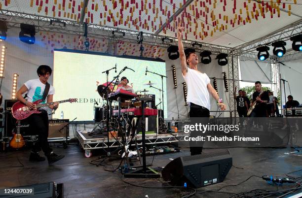 Nick Modestep, Matt Modestep, Josh Modestep and Tony Modestep aka. Tony Terror of Modestep perform on the Red Bull Music Academy stage during the...