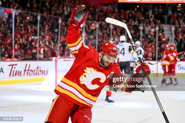 Calgary Flames Left Wing Jonathan Huberdeau celebrates a goal by Calgary Flames Right Wing Tyler Toffoli during the second period of an NHL game...