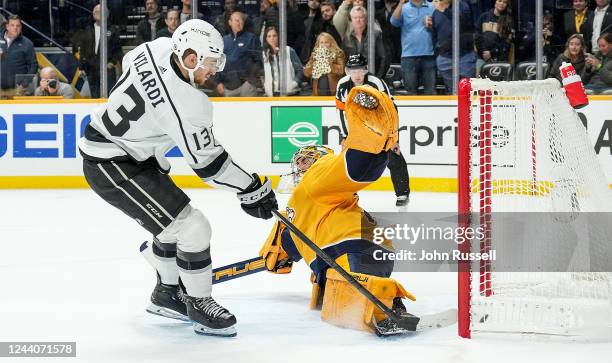 Gabriel Vilardi of the Los Angeles Kings scores the shootout game winning goal against Juuse Saros of the Nashville Predators during an NHL game at...