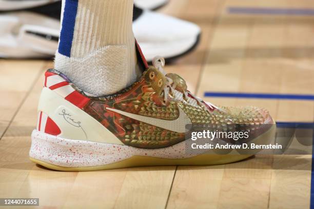 The sneakers worn by Jonathan Kuminga of the Golden State Warriors during the game against the Los Angeles Lakers on October 18, 2022 at Chase Center...