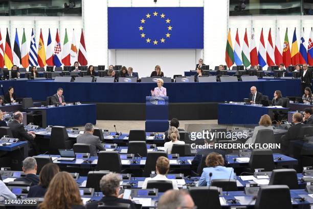 European Commission President Ursula von der Leyen addresses the floor during a debate on the preparation of the European Council meeting of 20-21...