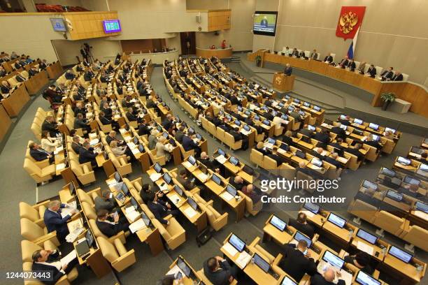Russian Interior Minister Vladimir Kolokoltsev speeches during the plenary session of State Duma on October 19, 2022 in Moscow, Russia. The council...
