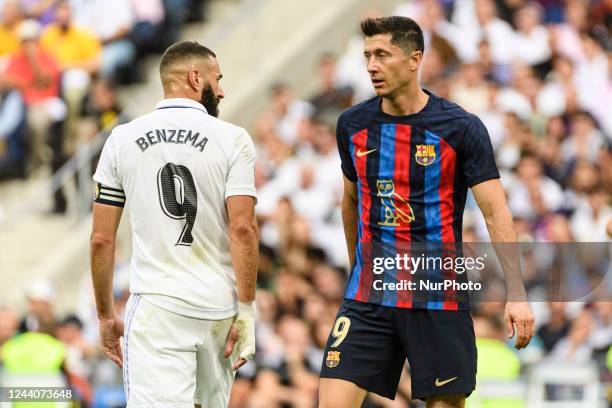 Karim Benzema of Real Madrid Cf and Robert Lewandowski of FC Barcelona during a match between Real Madrid v FC Barcelona as part of LaLiga in Madrid,...