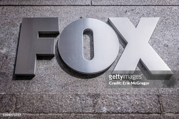 Logo at the main entrance to the FOX News Headquarters at NewsCorp Building in Manhattan.