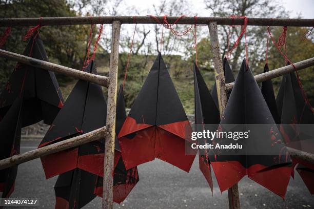 Hanged paper planes are seen in front of the Iranian Embassy during the protest against Iran's allegedly supply of drones to Russia after Kyiv was...