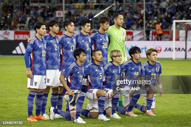 Takumi Minamino of Japan, Miki Yamane of Japan, Ao Tanake of Japan, Shogo Taniguchi of Japan, Shuto Machino of Japan, Japan goalkeeper Daniel Schmidt...