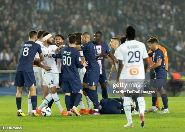 Samuel GIGOT of Marseille shake the hand of NEYMAR JR of PSG during the Ligue 1 Uber Eats match Paris Saint-Germain and Olympique de Marseille at...