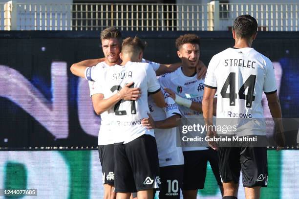 Daniele Verde of Spezia Calcio celebrates after scoring a goal during the Coppa Italia match between Spezia Calcio and Brescia on October 19, 2022 in...