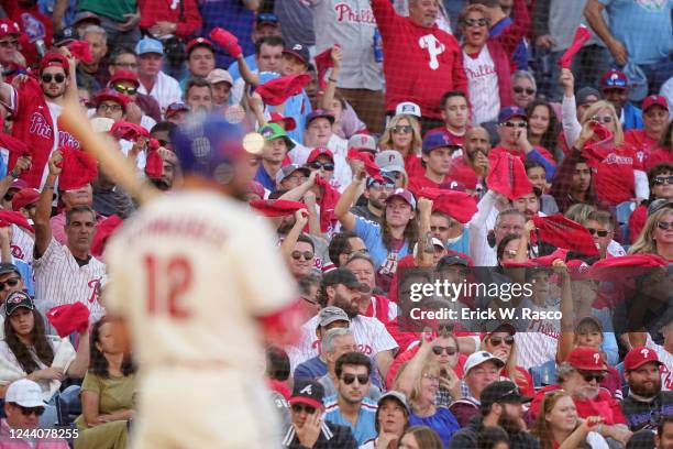 Playoffs: Philadelphia Phillies Phillies fans cheer as Kyle Schwarber goes to bat vs Atlanta Braves at Citizens Bank Park. Game 4. Philadelphia, PA...