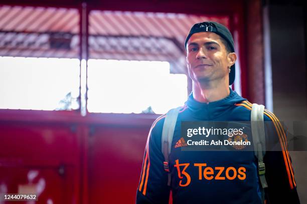 Cristiano Ronaldo of Manchester United arrives prior to the Premier League match between Manchester United and Tottenham Hotspur at Old Trafford on...