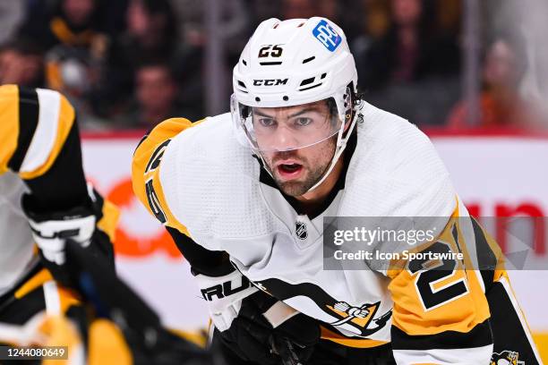 Pittsburgh Penguins center Ryan Poehling waits for a face-off during the Pittsburgh Penguins versus the Montreal Canadiens game on October 17 at Bell...