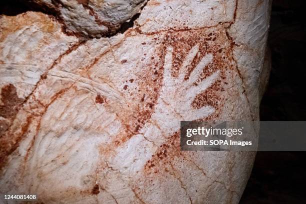The cave painting of a hand in negative is seen on a wall in the recreation of the Cosquer Cave installed in the Villa Mediterranee in Marseille. On...