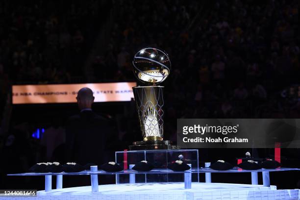 View of the Larry OBrien trophy prior to the game of the Golden State Warriors on ring night prior to the game against the Los Angeles Lakers on...
