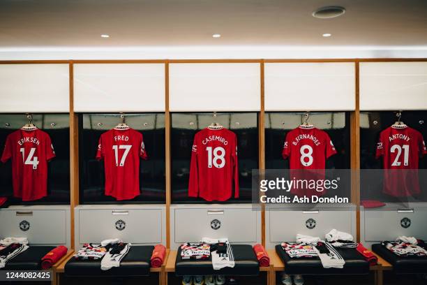 General View of Manchester United kit inside the dressing room prior to the Premier League match between Manchester United and Tottenham Hotspur at...