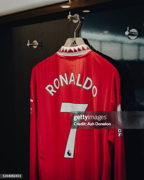 General View of Cristiano Ronaldo of Manchester Uniteds kit inside the dressing room prior to the Premier League match between Manchester United and...