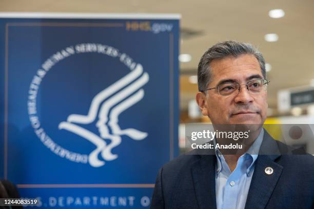 Department of Health and Human Services Secretary Xavier Becerra speaks to reporters following an event celebrating hearing aids being available over...