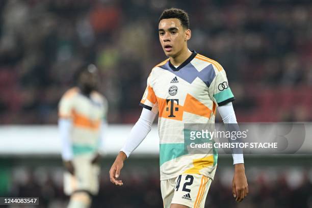 Bayern Munich's German midfielder Jamal Musiala looks on during the German Cup second round football match between the German first division...