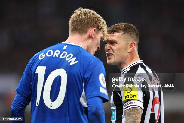 Anthony Gordon of Everton and Kieran Trippier of Newcastle United square up to each other after Anthony Gordon of Everton dived in the penalty area...