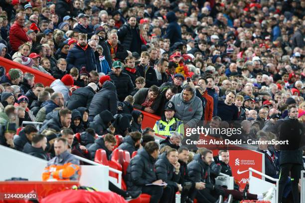 Liverpool fans await referee decision on VAR LIVERPOOL, ENGLAND during the Premier League match between Liverpool FC and West Ham United at Anfield...