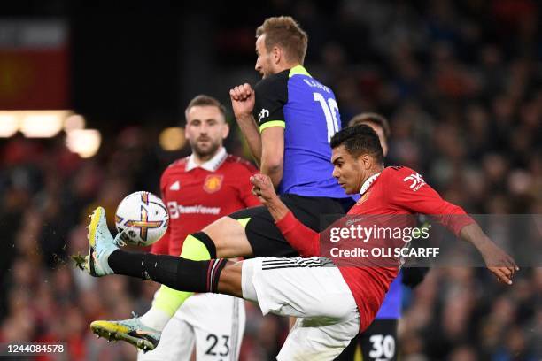 Manchester United's Brazilian midfielder Casemiro kicks the ball during the English Premier League football match between Manchester United and...