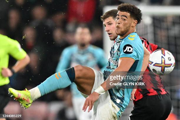 Southampton's English midfielder Che Adams passes the ball during the English Premier League football match between Bournemouth and Southampton at...
