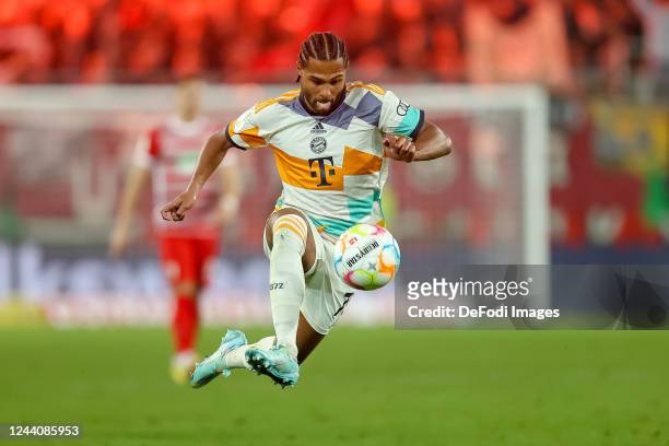 Serge Gnabry of Bayern Muenchen controls the ball during the DFB Cup second round match between FC Augsburg and FC Bayern München at WWK-Arena on...