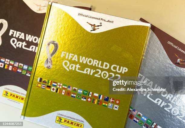 Detail of different albums displayed on the production line of FIFA World Cup Qatar 2022 stickers album at Panini factory on October 19, 2022 in Sao...