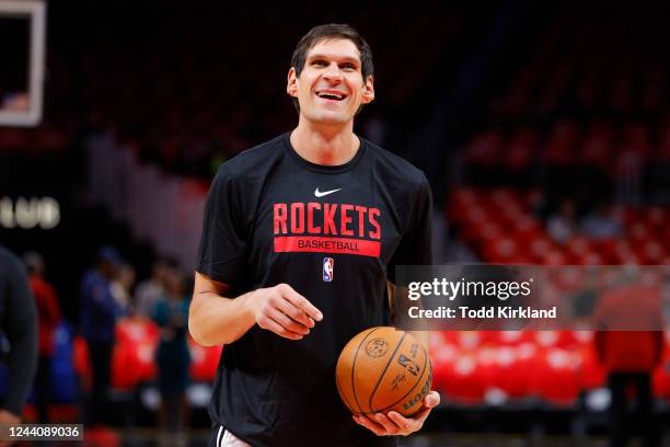 Boban Marjanovic of the Houston Rockets warms up prior to the game against the Atlanta Hawks at State Farm Arena on October 19, 2022 in Atlanta,...