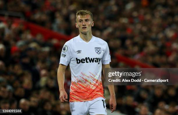 West Ham United's Flynn Downes in action during the Premier League match between Liverpool FC and West Ham United at Anfield on October 19, 2022 in...