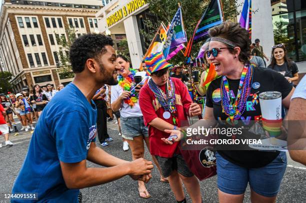 Maxwell Frost, a Democratic candidate for Florida's 10th Congressional district, participates in the Pride Parade in Orlando, Florida, on October 15,...