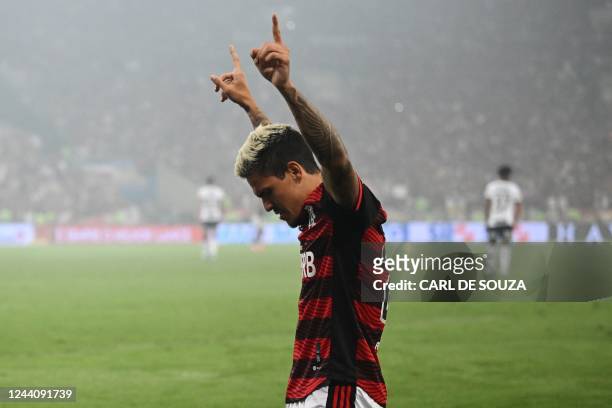 Flamengo's forward Pedro celebrates after scoring against Corinthians during the Brazil Cup second leg football final match between Flamengo and...