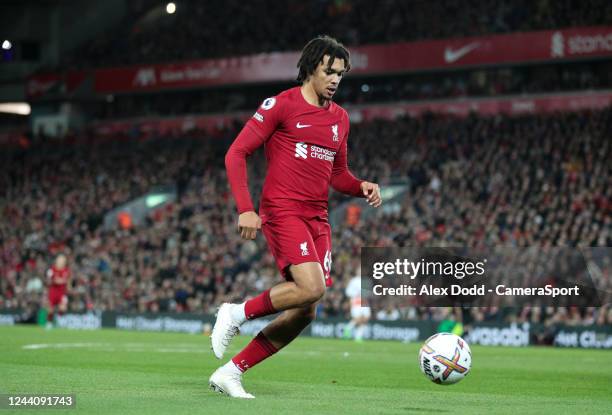Liverpool's Trent Alexander-Arnold in action during the Premier League match between Liverpool FC and West Ham United at Anfield on October 19, 2022...