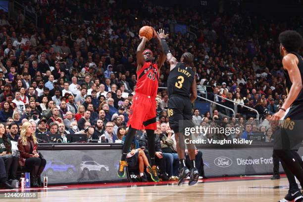 Pascal Siakam of the Toronto Raptors shoots a three point basket during the game against the Cleveland Cavaliers on October 19, 2022 at the...