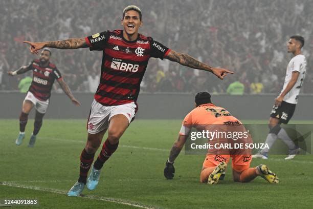 Flamengo's forward Pedro celebrates after scoring against Corinthians during the Brazil Cup final second leg football match between Flamengo and...