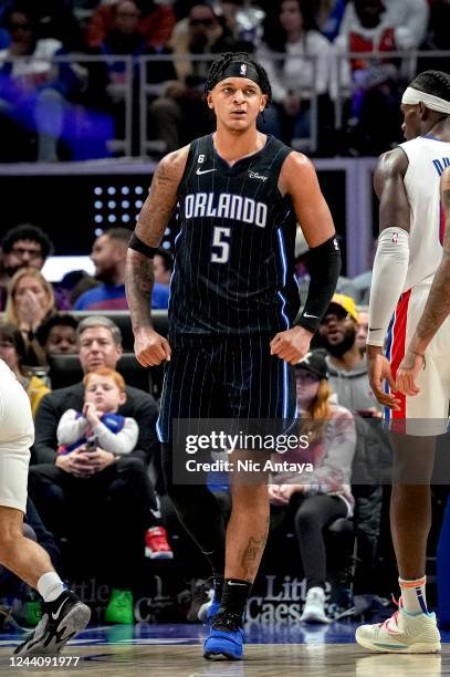 Paolo Banchero of the Orlando Magic reacts against the Detroit Pistons during the fourth quarter at Little Caesars Arena on October 19, 2022 in...