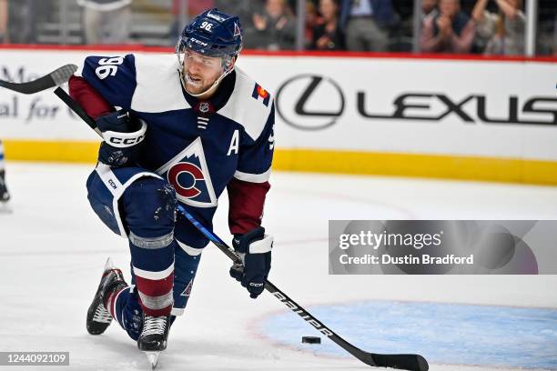 Mikko Rantanen of the Colorado Avalanche looks on after scoring a second-period goal against the Winnipeg Jets at Ball Arena on October 19, 2022 in...