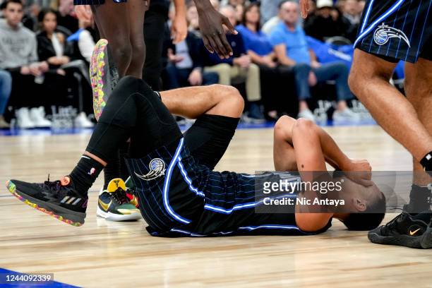 Jalen Suggs of the Orlando Magic reacts against the Detroit Pistons during the third quarter at Little Caesars Arena on October 19, 2022 in Detroit,...