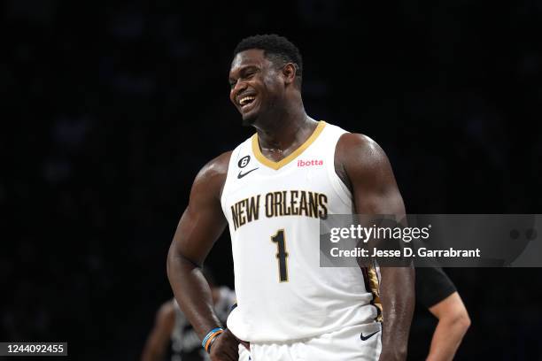 Zion Williamson of the New Orleans Pelicans smiles during the game against the Brooklyn Nets on October 19, 2022 at Barclays Center in Brooklyn, New...