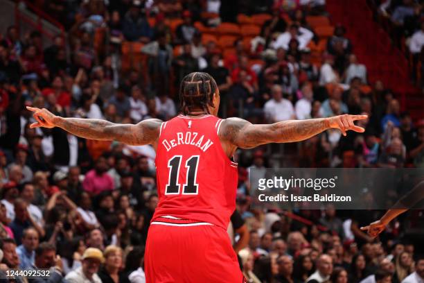 DeMar DeRozan of the Chicago Bulls sets the play during the season opener game against the Miami Heat on October 19, 2022 at FTX Arena in Miami,...