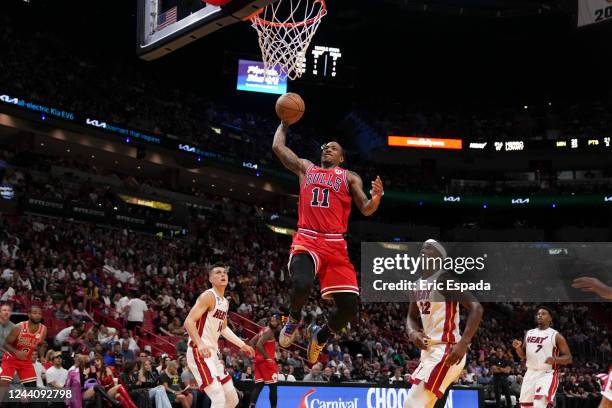 DeMar DeRozan of the Chicago Bulls goes up for a dunk during the second half against the Miami Heat at FTX Arena on October 19, 2022 in Miami,...