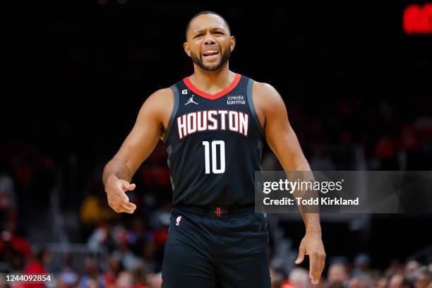 Eric Gordon of the Houston Rockets reacts during the first half against the Atlanta Hawks at State Farm Arena on October 19, 2022 in Atlanta,...