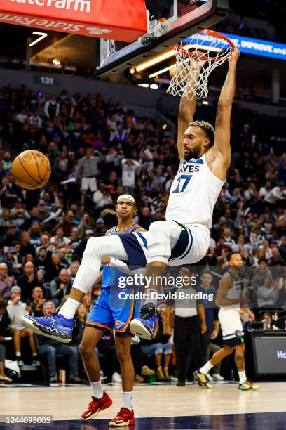 Rudy Gobert of the Minnesota Timberwolves dunks the ball against the Oklahoma City Thunder in the fourth quarter of the game at Target Center on...