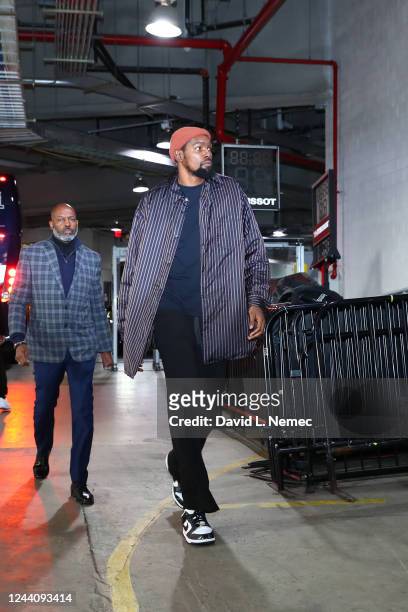 Kevin Durant of the Brooklyn Nets arrives to the arena before the game against the New Orleans Pelicans on October 19, 2022 at Barclays Center in...